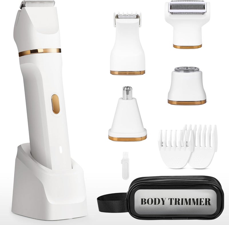 Eilveey Electric Bikini Trimmer for Women - 5 in 1 Rechargeable Electric Razors for Women, IPX7 Waterproof Pubic Hair Trimmer, Painless Womens Body Shaver, Facial Razor & Nose Hair Shaver, White - Image 1